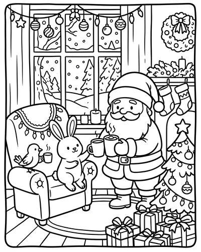 Free printable Santa coloring page of Santa sharing cocoa with a bunny and bird by a window for kids and adults