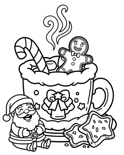 Free printable Santa coloring page of a cocoa mug with a gingerbread man and a tiny Santa for kids