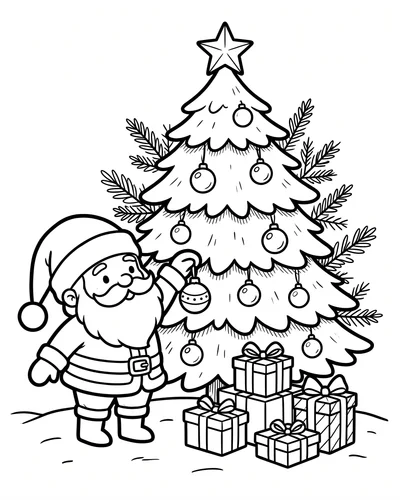 Free printable Santa coloring page of Santa hanging an ornament on a Christmas tree with presents for kids