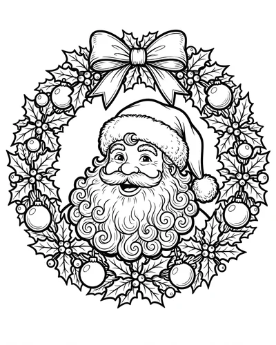 Free printable Santa coloring page of a detailed Santa head in a holly and bauble wreath for adults