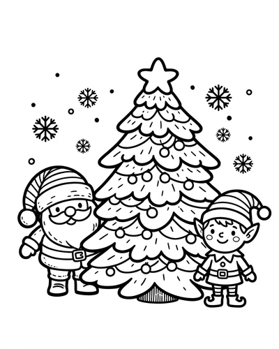 Free printable Santa coloring page of Santa and a little elf beside a Christmas tree for kids