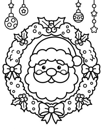 Free printable Santa coloring page of a smiling Santa face inside a holly wreath frame for kids