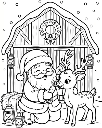 Free printable Santa coloring page of Santa feeding a carrot to a baby reindeer at a barn for kids