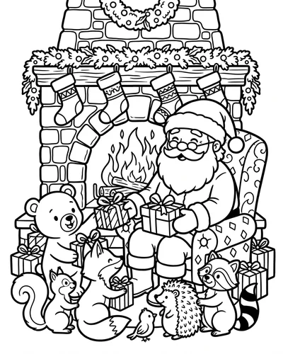 Free printable Santa coloring page of Santa handing gifts to animals by a stocking-hung fireplace for adults