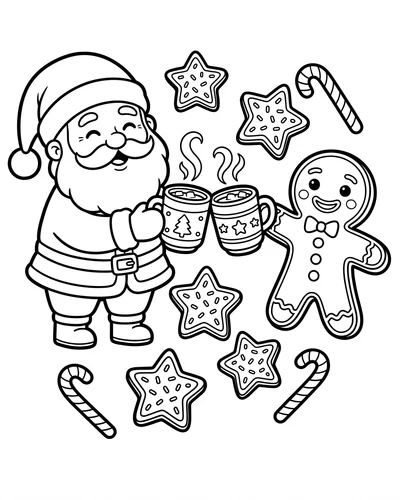 Free printable Santa coloring page of Santa and a gingerbread man toasting cocoa mugs for kids