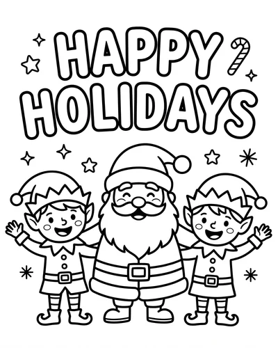 Free printable Santa coloring page with a Happy Holidays banner, Santa and two elves for kids