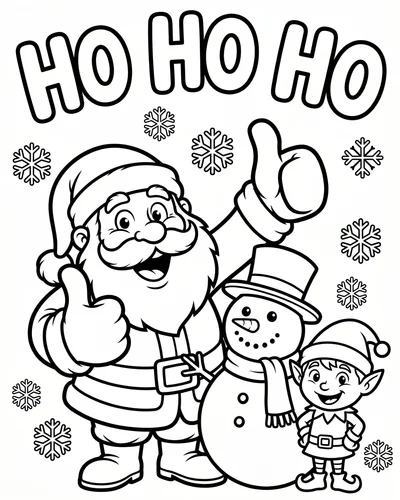 Free printable Santa coloring page with a Ho Ho Ho banner, Santa, snowman and elf for kids