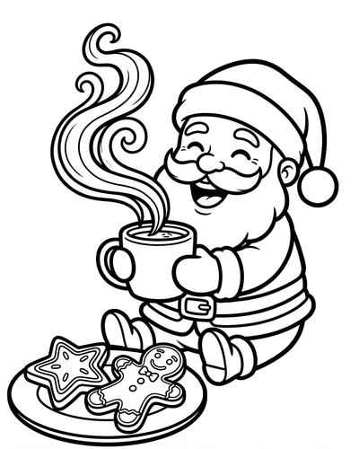 Free printable Santa coloring page of a laughing Santa holding a cocoa mug with cookies for kids