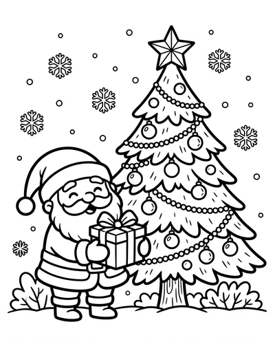 Free printable Santa coloring page of Santa holding a present beside a Christmas tree for kids