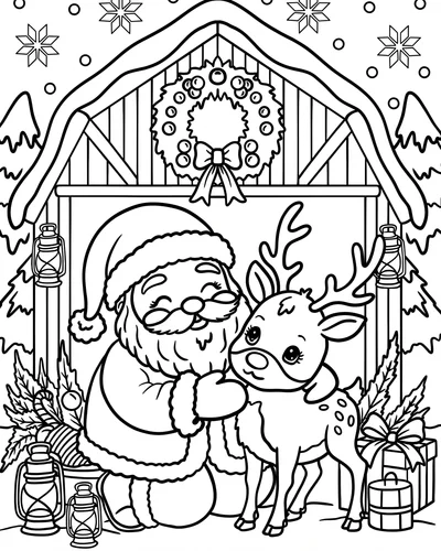 Free printable Santa coloring page of Santa hugging a baby reindeer outside a barn for kids and adults