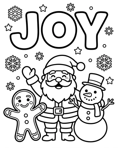 Free printable Santa coloring page with a Joy banner, Santa, gingerbread man and snowman for kids