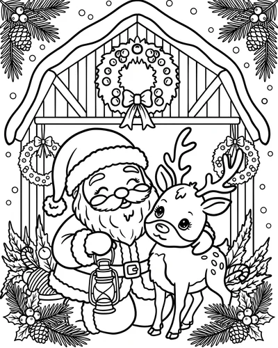 Free printable Santa coloring page of Santa holding a lantern beside a reindeer with pinecones for adults