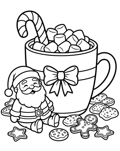 Free printable Santa coloring page of Santa beside a marshmallow cocoa mug with cookies for kids