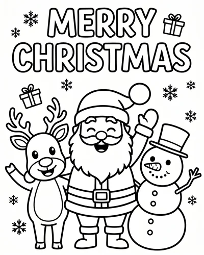Free printable Santa coloring page with a Merry Christmas banner, Santa, reindeer and snowman for kids