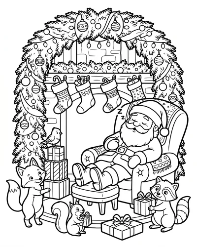 Free printable Santa coloring page of Santa napping in an armchair while animals bring gifts for adults