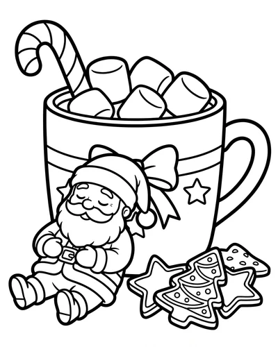 Free printable Santa coloring page of Santa napping against a big cocoa mug for kids
