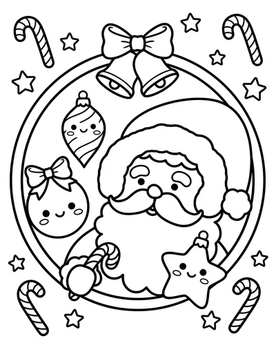 Free printable Santa coloring page of Santa with smiling ornament characters and candy canes for kids