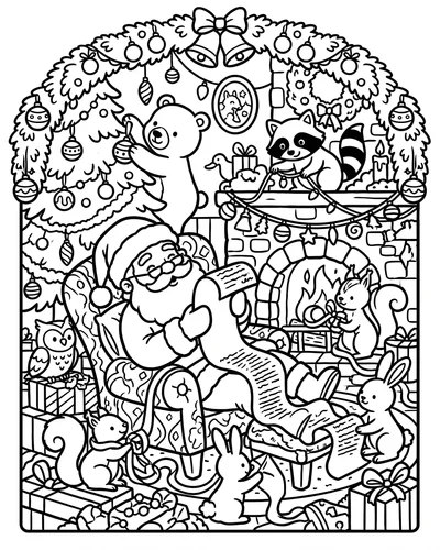 Free printable Santa coloring page of Santa reading his list surrounded by woodland animals by a fireplace for adults