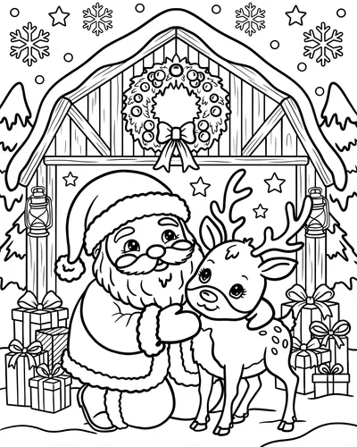 Free printable Santa coloring page of Santa and a reindeer at a barn surrounded by gifts for kids and adults