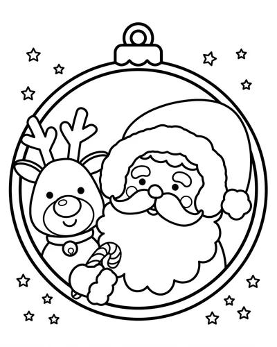 Free printable Santa coloring page of Santa and a cute reindeer inside a round ornament for kids