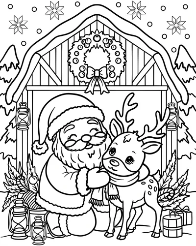 Free printable Santa coloring page of Santa with a scarf-wearing reindeer at a barn for kids and adults