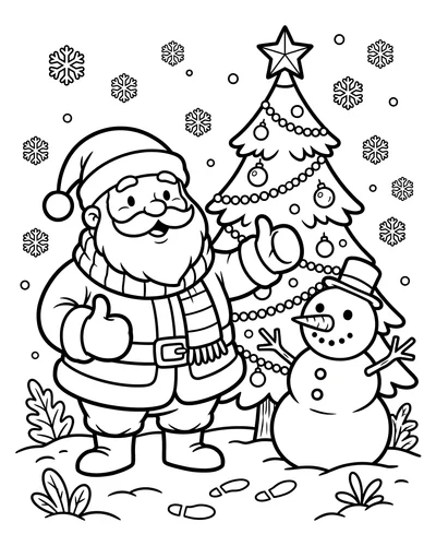 Free printable Santa coloring page of Santa wearing a scarf with a snowman and tree for kids