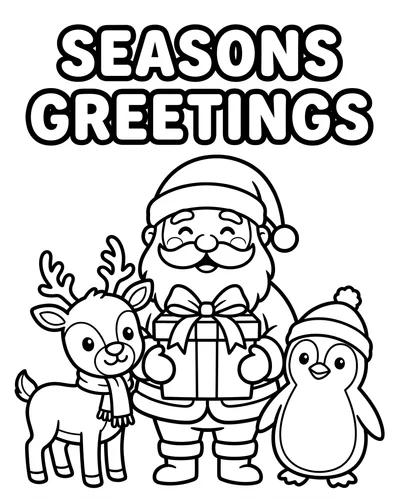 Free printable Santa coloring page with a Seasons Greetings banner, Santa, reindeer and penguin for kids