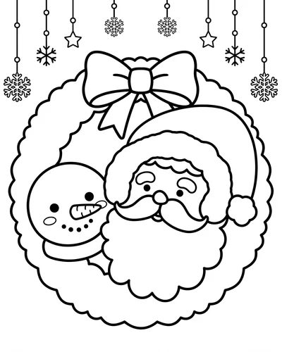 Free printable Santa coloring page of Santa and a snowman inside a scalloped wreath for kids