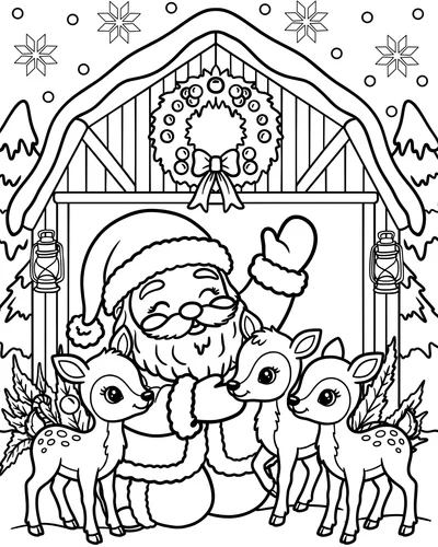 Free printable Santa coloring page of Santa waving with three baby reindeer at a barn for kids