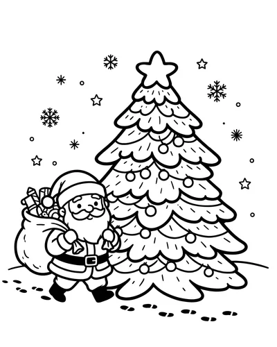 Free printable Santa coloring page of Santa carrying a sack of toys past a snowy tree for kids