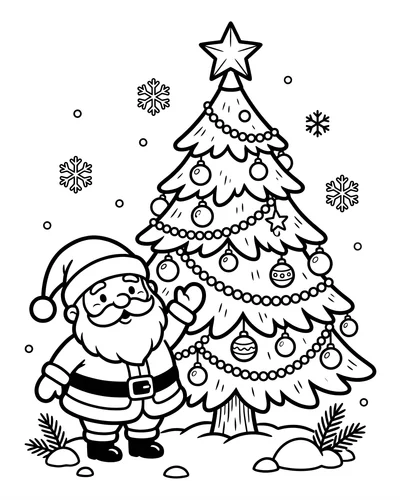 Free printable Santa coloring page of Santa waving next to a decorated Christmas tree for kids