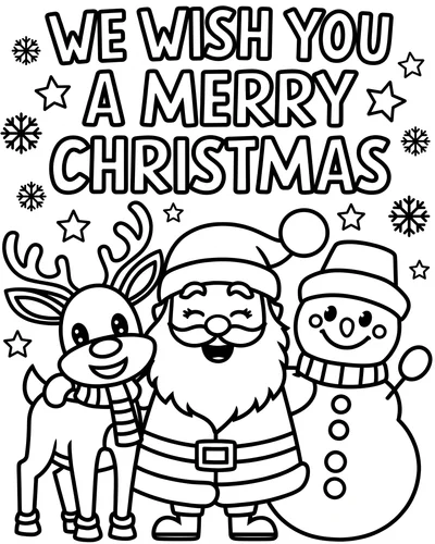 Free printable Santa coloring page with a We Wish You a Merry Christmas banner and characters for kids