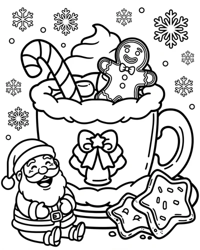 Free printable Santa coloring page of Santa leaning on a whipped cream cocoa mug for kids