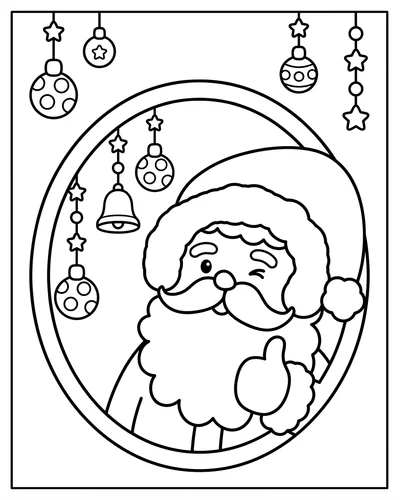 Free printable Santa coloring page of a winking Santa giving a thumbs up in an oval frame for kids