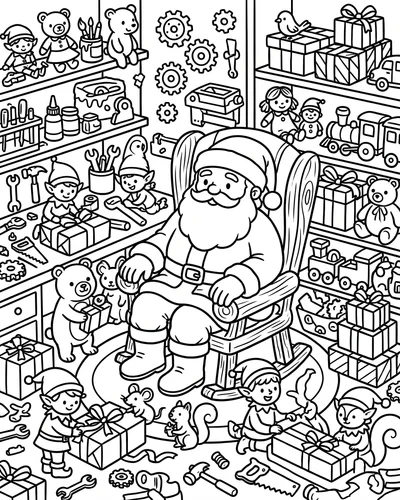Free printable Santa coloring page of Santa in his workshop with elves and toys for adults