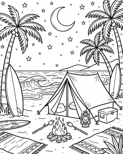 Free printable beach camping with tent bonfire marshmallows and night sky coloring page for kids