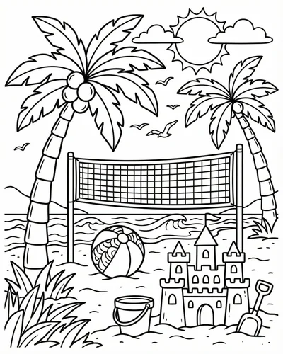 Free printable beach volleyball game with palm trees ocean waves and sunshine coloring page