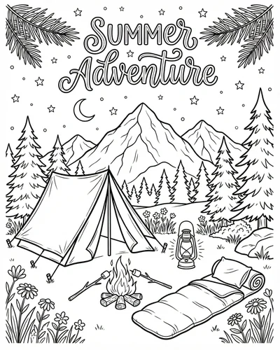 Free printable camping scene with tent campfire marshmallows trees and mountains coloring page for kids