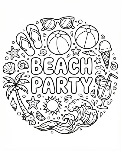 Free printable summer beach party doodles with crabs starfish shells and beach toys coloring page for kids