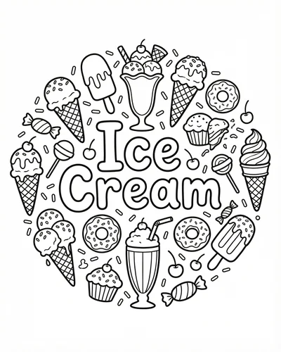 Free printable ice cream doodles with popsicles sundaes soft serve and fruit toppings coloring page for kids