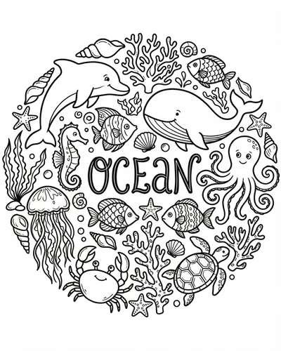 Free printable ocean doodles with fish dolphins sea turtles jellyfish and coral coloring page