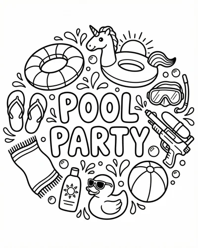 Free printable pool party doodles with flamingo floaties beach balls sunscreen and flip flops coloring page