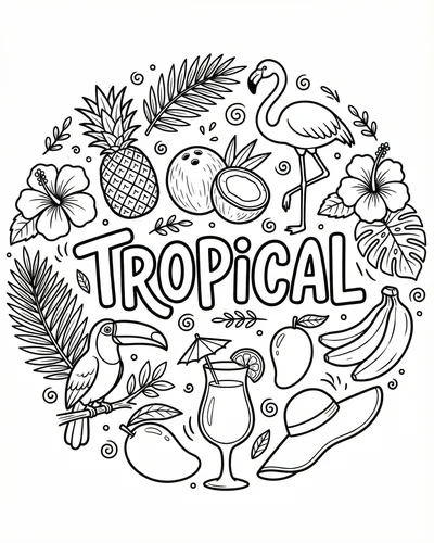 Free printable tropical summer doodles with flamingos pineapples hibiscus and monstera leaves coloring page