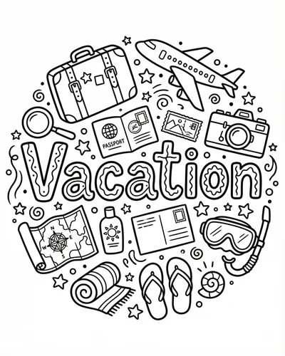 Free printable summer vacation doodles with suitcases sunglasses cameras and postcards coloring page for kids