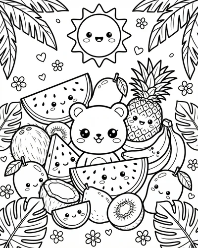 Free printable tropical fruits with pineapple watermelon coconut mango and kiwi coloring page for kids