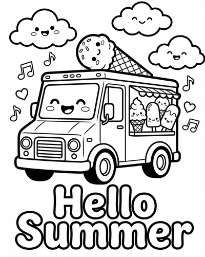 Free printable hello summer lettering with ice cream popsicles palm leaves and sunshine coloring page