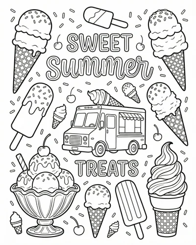 Free printable ice cream sundae with cherry sprinkles and whipped cream coloring page for kids