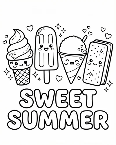 Free printable ice cream dream scene with soft serve waffle cones and candy toppings coloring page