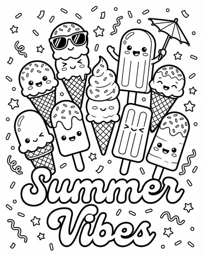 Free printable kawaii ice cream cones with cute faces rainbow sprinkles and hearts coloring page