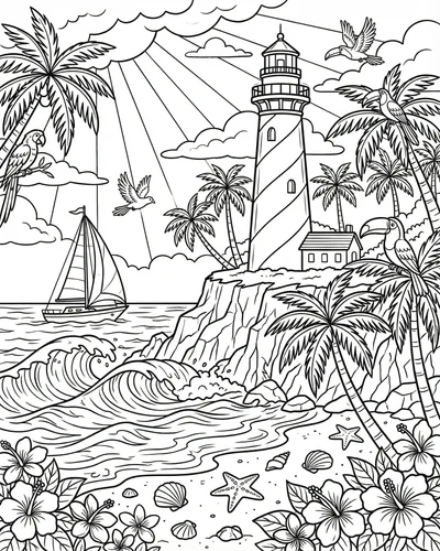 Free printable lighthouse island scene with sailboats seagulls waves and beach coloring page for kids